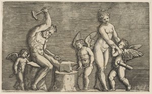 Vulcan sitter och hamrar på ett städ flankerad av Venus och tre amoriner, ca. 1515-27. av Marco Dente