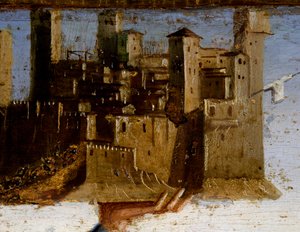 Madonna på tronen och helgon, detalj av Predella av St Adrian av Marco Palmezzano (ca 1460-1539), St Franciskyrkan, Matelica, Marche, Italien, detalj av Marco Palmezzano