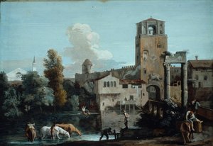 En Capriccio med hästar som vattnas i en flod utanför en muromgärdad stad av Marco Ricci