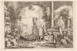 Capriccio av antika ruiner med män som stirrar på en klassisk talare av Marco Ricci