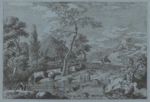 Nötkreatur och figurer vid en gårdsbäck av Marco Ricci