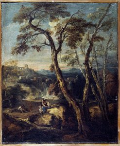 Landskap": Caprice. Målning av Marco Ricci (1676-1730), Accademia Carrara, Bergamo Italien. av Marco Ricci