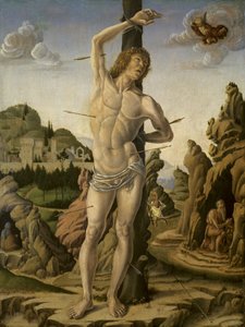 Saint Sebastian i ett stenigt landskap med heliga Jerome, Anthony Abbot och Christopher, ca 1475-78