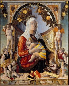 Jungfru och barn omgiven av 8 änglar. Målning av Marco Zoppo (1433 - 1478)