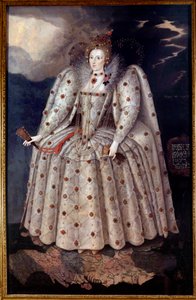 Fotporträtt av drottning Elisabeth (Elizabeth) Iere av England Målning av Marcus Gheeraerts (Gerards eller Geerards) den unge (1561-1635) Runt 1592 sön. 2,41x1,52 m London, National Portrait Gallery