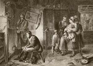Napoleon söker vila i en stuga vid vägkanten efter sitt nederlag vid Waterloo, graverad av J.D. Cooper av Marcus Stone