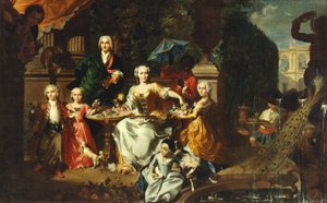 En familjegrupp på en terrass på tomten till en villa. Möjligen den engelske affärsmannen George Jackson och hans familj av Marcus Tuscher
