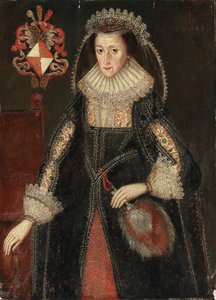 Porträtt av Lady Eleanor Dutton, trekvartslängd, i elegant klänning, stående bredvid en stol inskriven med vapensköld av familjen Dutton i Cheshire och Gloucestershire