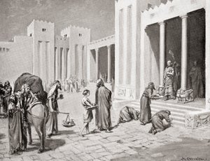 En syro-hettitisk prins intervjuar en grupp av sina semitiska undersåtar i Bit-hilani, från Hutchinsons History of the Nations, pub.1915 av Margaret (after) Dovaston