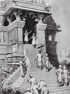 Kirtivarman Chandella besöker sitt tempel i Khajurahu, AD 1065 (litografi) av Margaret (after) Dovaston