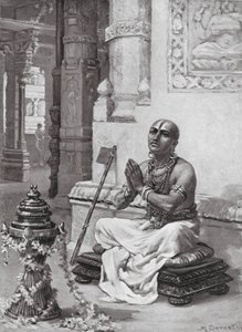 Ramanuja begrundar sin filosofi om den ende personlige guden, 1100 e.Kr (litografi) av Margaret (after) Dovaston