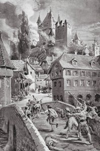 Bränningen av slottet Wadenschwyl 1804 (litografi) av Margaret (after) Dovaston