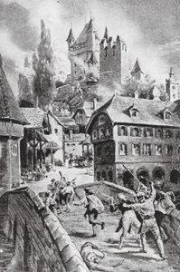 Bränningen av slottet Wadenschwyl 1804 (litografi) av Margaret (after) Dovaston