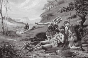 Epameinondas död, 362 f.Kr. (litografi) av Margaret (after) Dovaston