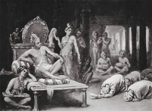 Vikramanka Chalukhya skickar ett vänligt brev till Kulottunga Chola (litografi) av Margaret (after) Dovaston