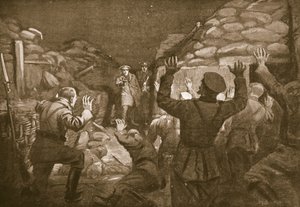 En tysk officer och fjorton av hans män vädjar om nåd till löjtnant Leach (litografi) av Margaret Dovaston
