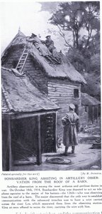 Bombadier King hjälper till med artilleriobservationer från taket på en lada på andra sidan floden Lys oktober 1914 (litografi) av Margaret Dovaston