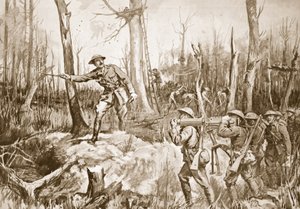 Kapten (tillfällig överstelöjtnant) R.B. Barker organiserar försvaret av en skog (litografi) av Margaret Dovaston
