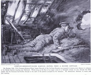Kompaniets sergeant major Barwick prickskjuter från en ruin av en stuga vid Ghehuvelt oktober 1914 (litografi) av Margaret Dovaston