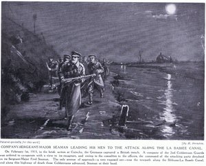 Kompaniets sergeant Major Seaman leder sina män längs La Basse-kanalen februari 1915 (litografi) av Margaret Dovaston
