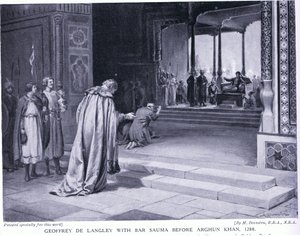 Geoffrey de Langley med Bar Sauma inför Arghun Khan 1288AD (litografi) av Margaret Dovaston