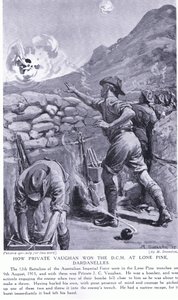 Hur menige Vaughan vann DCM vid Lone Pine Dardanellerna augusti 1915 (litografi) av Margaret Dovaston