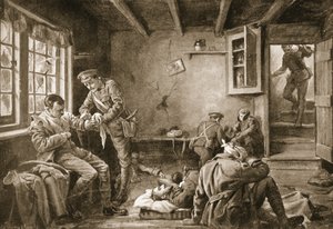 Lance-Corporal Royall tar hand om de sårade i ett värdshus som beskjutits (litografi) av Margaret Dovaston