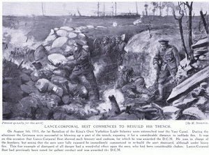 Vicekorpral Best tilldelad DCM för att ha börjat återuppbygga sin skyttegrav vid Yserkanalen under kraftig beskjutning augusti 1915 (litografi) av Margaret Dovaston