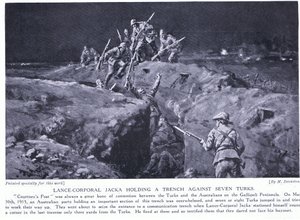 Vicekorpral Jacka vinner en VC genom att visa hur en man kan slå sju maj 1915 (litografi) av Margaret Dovaston