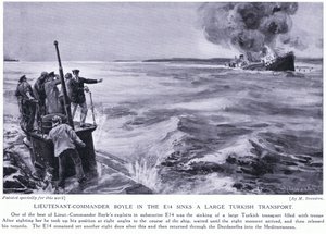 Kaptenlöjtnant Boyle i E14 sänker en stor turkisk transport 1915 (litografi) av Margaret Dovaston