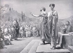 Perikles vädjar om Aspasia, illustration från "Hutchinson