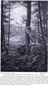 Menige Edom på jakt efter krypskyttar i Chivy Wood, hösten 1914 (litografi) av Margaret Dovaston