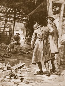 Menige J.S. Kerr ger första hjälpen till de sårade på en gård som utsattes för kraftig beskjutning (litografi)