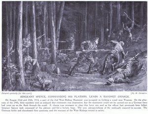Sergeant Spence fick en DCM för att ha lett sin pluton i en bajonettattack i skogen nära Wasmes i augusti 2014 (litografi)