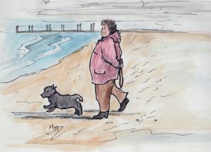 Promenad med hunden - 03 (penna och akvarell) av Margaret Loxton