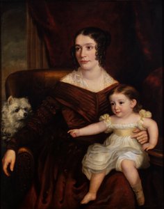 En mor och ett barn med en vit hund i en interiör, ca 1815-66 (olja på duk) av Margaret Sarah (1793-1872) Carpenter