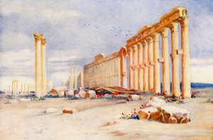 Kolonnad, Palmyra, med turkiskt slott i fjärran (färglitografi) av Margaret Thomas