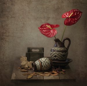 Rustikt stilleben med anthurium