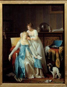 Dåliga nyheter En tjej klädd i Premier Empire-mode svimmar när hon läser ett brev som tillkännager olycka. Målning av Marguerite Gerard (1761-1837) 1804 Sön. 0,63x0,5 m
