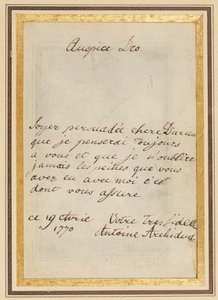 Autografbrev till Thérèse eller Barbe Durieux, daterat den 19 april 1770 av Maria Antonia Josepha Johanna von Habsburg Lothringen