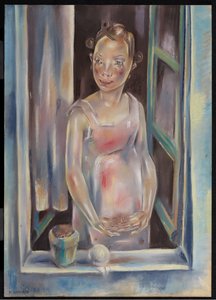 Ung flicka vid ett öppet fönster, ca 1924 (pastell på papper) av Maria Blanchard