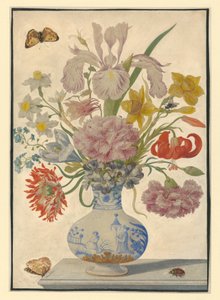 Kinesisk vas med iris, liljor och nejlikor. På bordet en fjäril till vänster och en ollonborre till höger av Maria Sibylla Merian