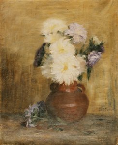 Asters i en stengodskanna på ett bord,