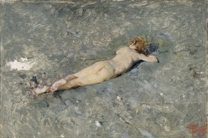 Naket barn som ligger på stranden vid Portici (naken på stranden i Portici) - Målning av Mariano Fortuny (1838-1874)
