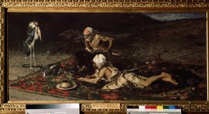 ""Snake Charmers"" Hinduiska ormtjusare som erbjuder en kanin till ormen (hinduiska ormtjusare) . Målning av Mariano Fortuny y Marsal (1838-1874)