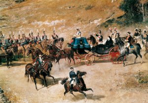 Drottning María Cristina och hennes dotter, Isabel II, granskar artilleribatterierna som försvarar Madrid 1837, detalj, ca. 1866 (olja på duk)