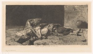 Arabisk man vakar över sin väns döda kropp Arabe veillant sur le corps de son ami (titel på objekt)