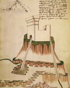 Studie om korrekt installation av en brunn och dränering för en fästning,, illustration från ett verk av Mariano di Jacopo Vanni, känd som Taccola (1400-talet), manuskript av Mariano di Jacopo (1382 c.1453) (after)