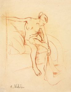 Naken kvinna sittande på en säng, första tredje 1900-talet.
