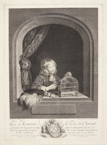 En pojke med en fågelbur i ett fönster av Marie Louise Adélaïde Boizot